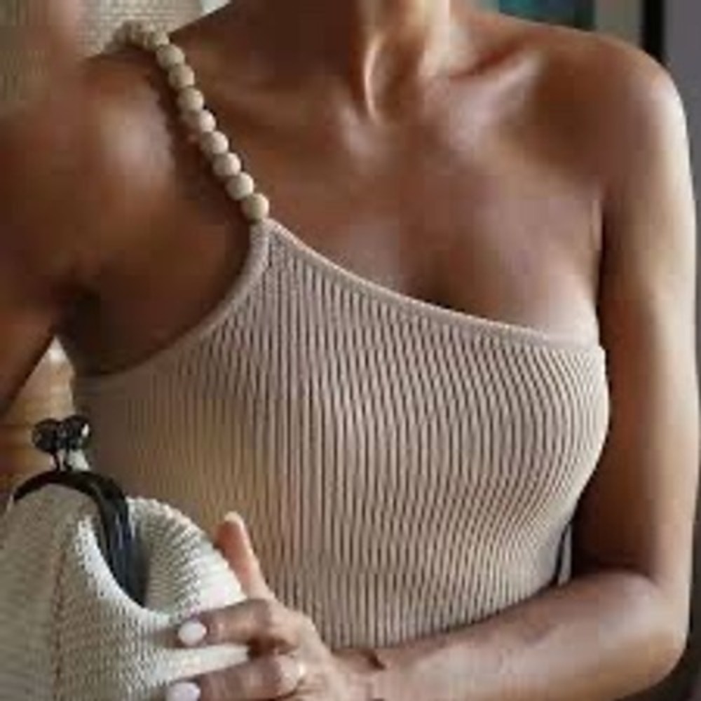 Zara‎ Womens Tan Ribbed Knit One Shoulder Top Wooden Bead Strap 3920/068 L NEW